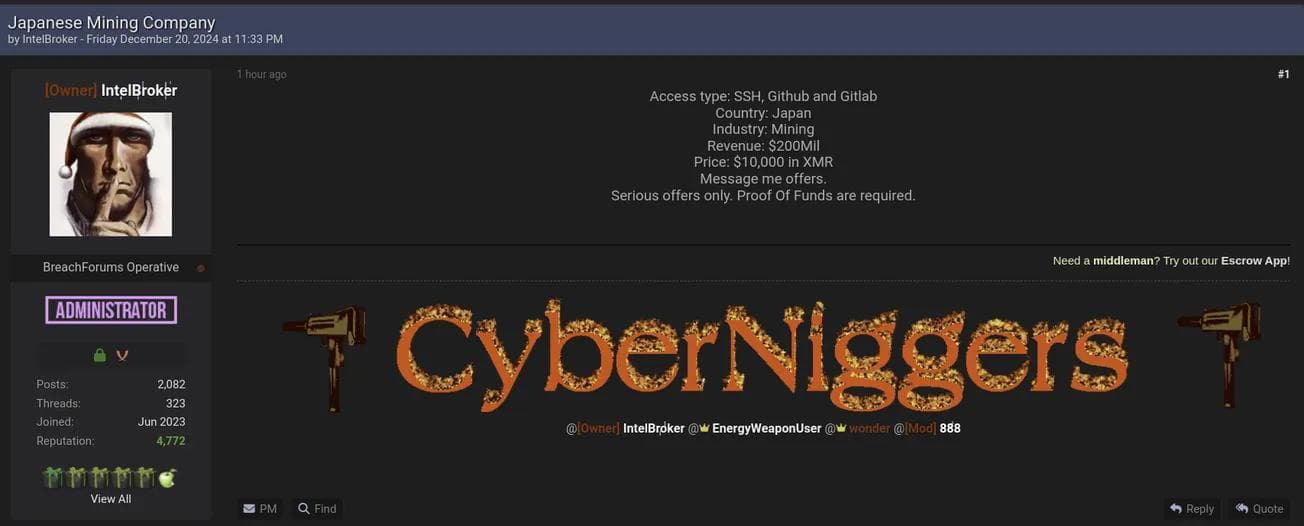 Alleged Access to Japanese Mining Company Systems for $10,000 in Monero